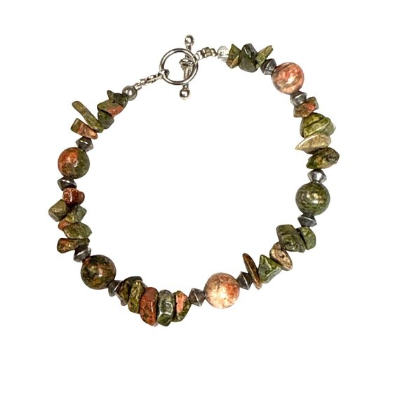 Unakite Gemstone Bracelet Chip & Round Beads w/ Copper Accents 8" Toggle - Picture 2 of 8